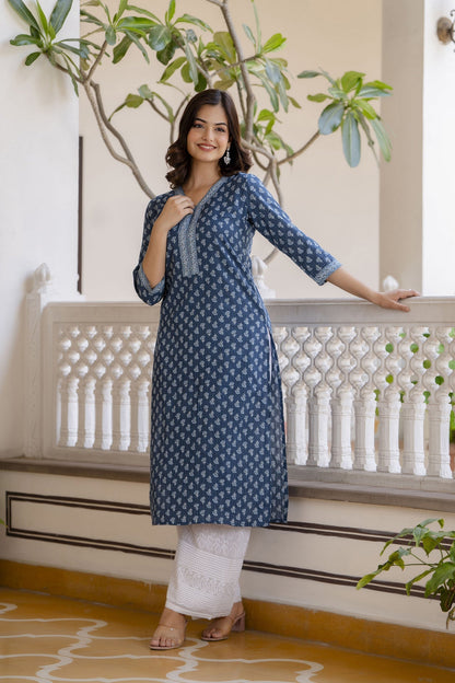 Women Blue Printed Straight Kurta With Three Quarter Sleeves | LASVINI - Redefining Indian Fashion with Elegance