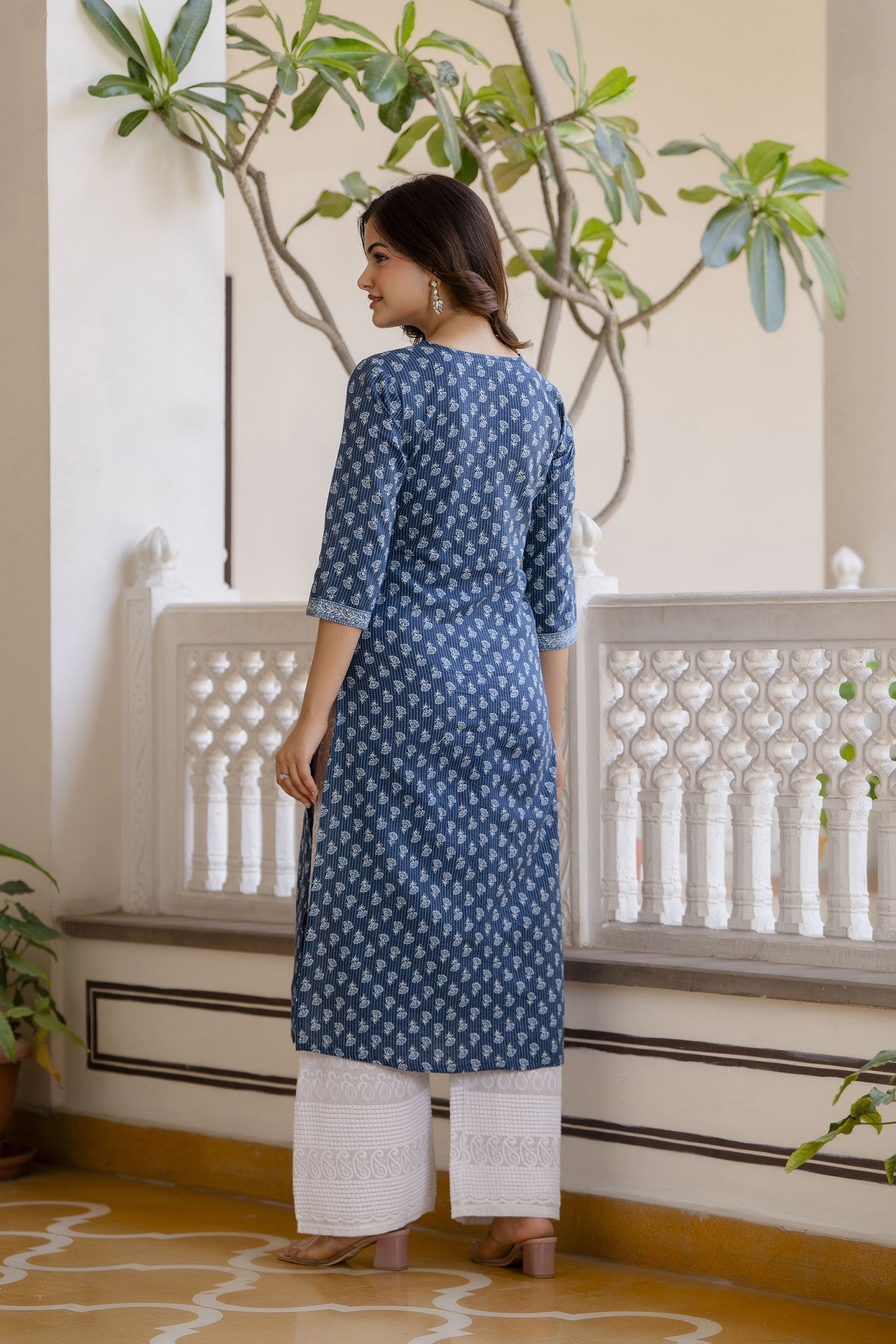 Women Blue Printed Straight Kurta With Three Quarter Sleeves | LASVINI - Redefining Indian Fashion with Elegance