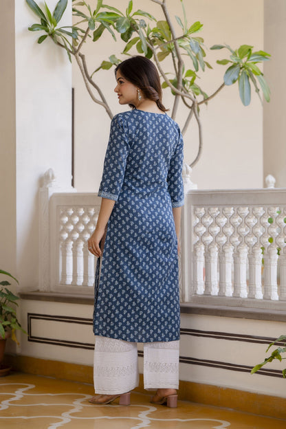 Women Blue Printed Straight Kurta With Three Quarter Sleeves | LASVINI - Redefining Indian Fashion with Elegance