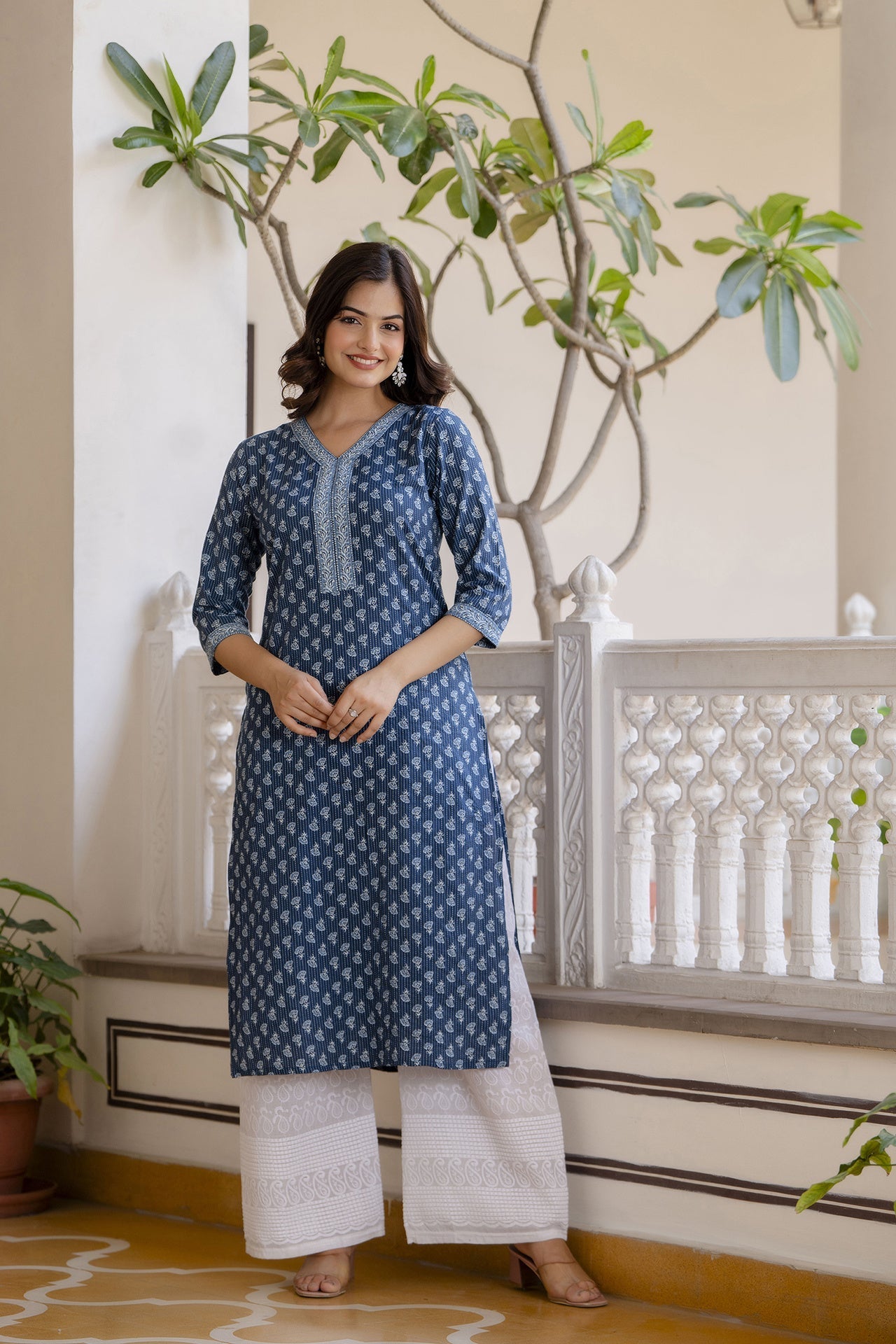 Women Blue Printed Straight Kurta With Three Quarter Sleeves | LASVINI - Redefining Indian Fashion with Elegance