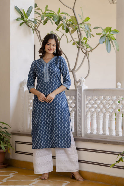 Women Blue Printed Straight Kurta With Three Quarter Sleeves | LASVINI - Redefining Indian Fashion with Elegance