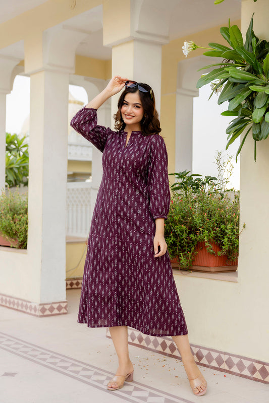 Women Purple Ethnic Printed Flared Dress | LASVINI - Redefining Indian Fashion with Elegance