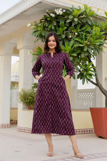 Women Purple Ethnic Printed Flared Dress | LASVINI - Redefining Indian Fashion with Elegance