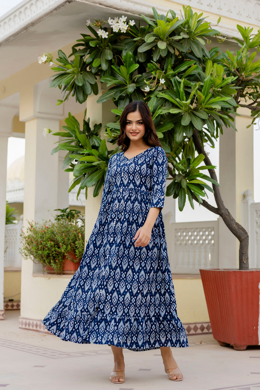 Women Navy Blue Printed Flared Dress | LASVINI - Redefining Indian Fashion with Elegance