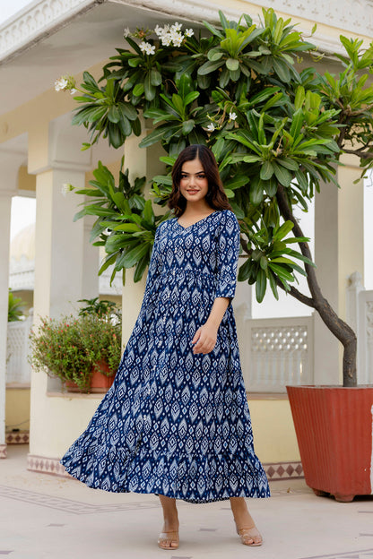 Women Navy Blue Printed Flared Dress | LASVINI - Redefining Indian Fashion with Elegance