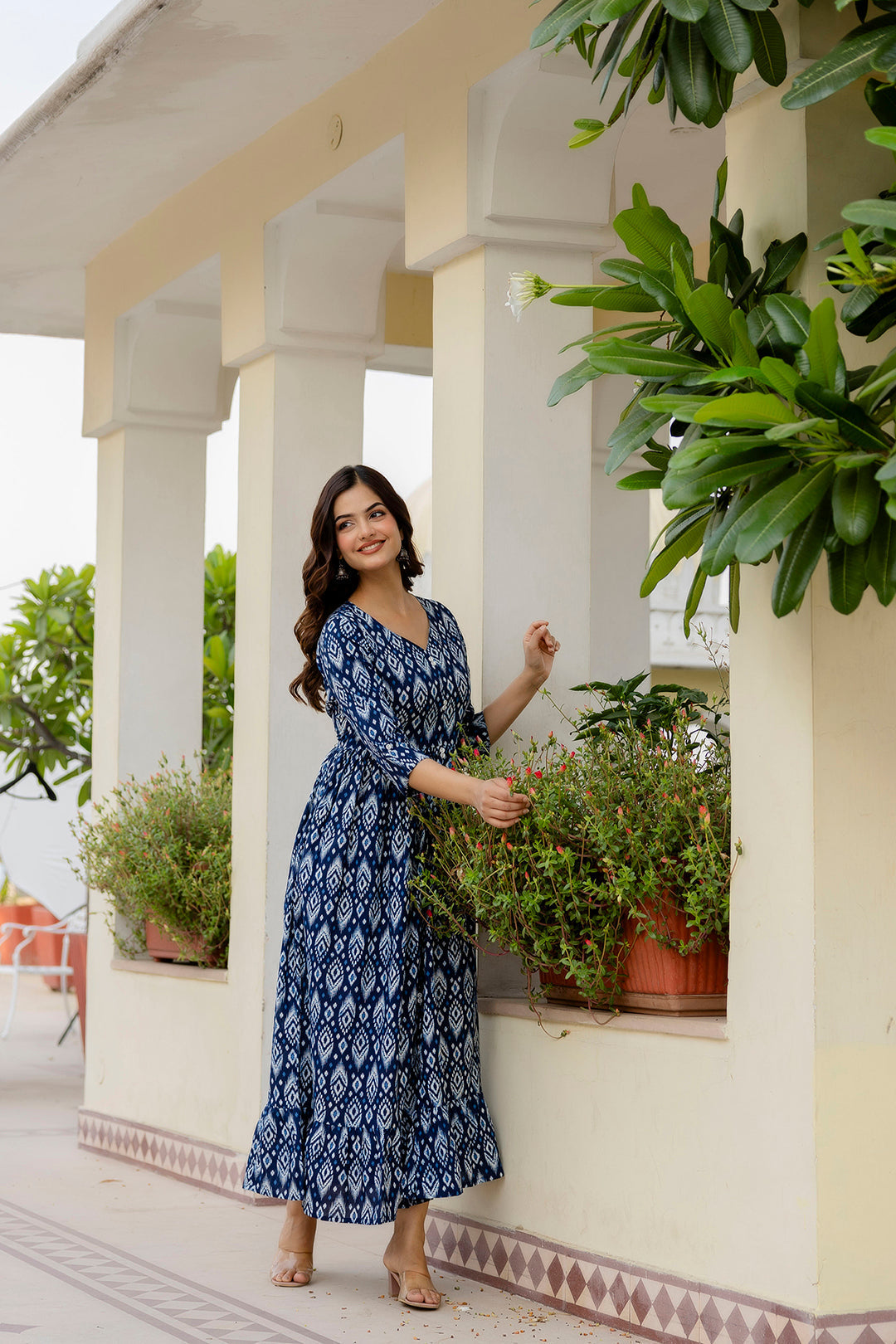 Women Navy Blue Printed Flared Dress | LASVINI - Redefining Indian Fashion with Elegance