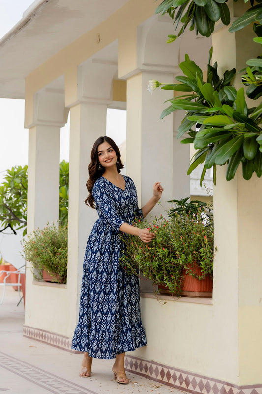 Women Navy Blue Printed Flared Dress | LASVINI - Redefining Indian Fashion with Elegance
