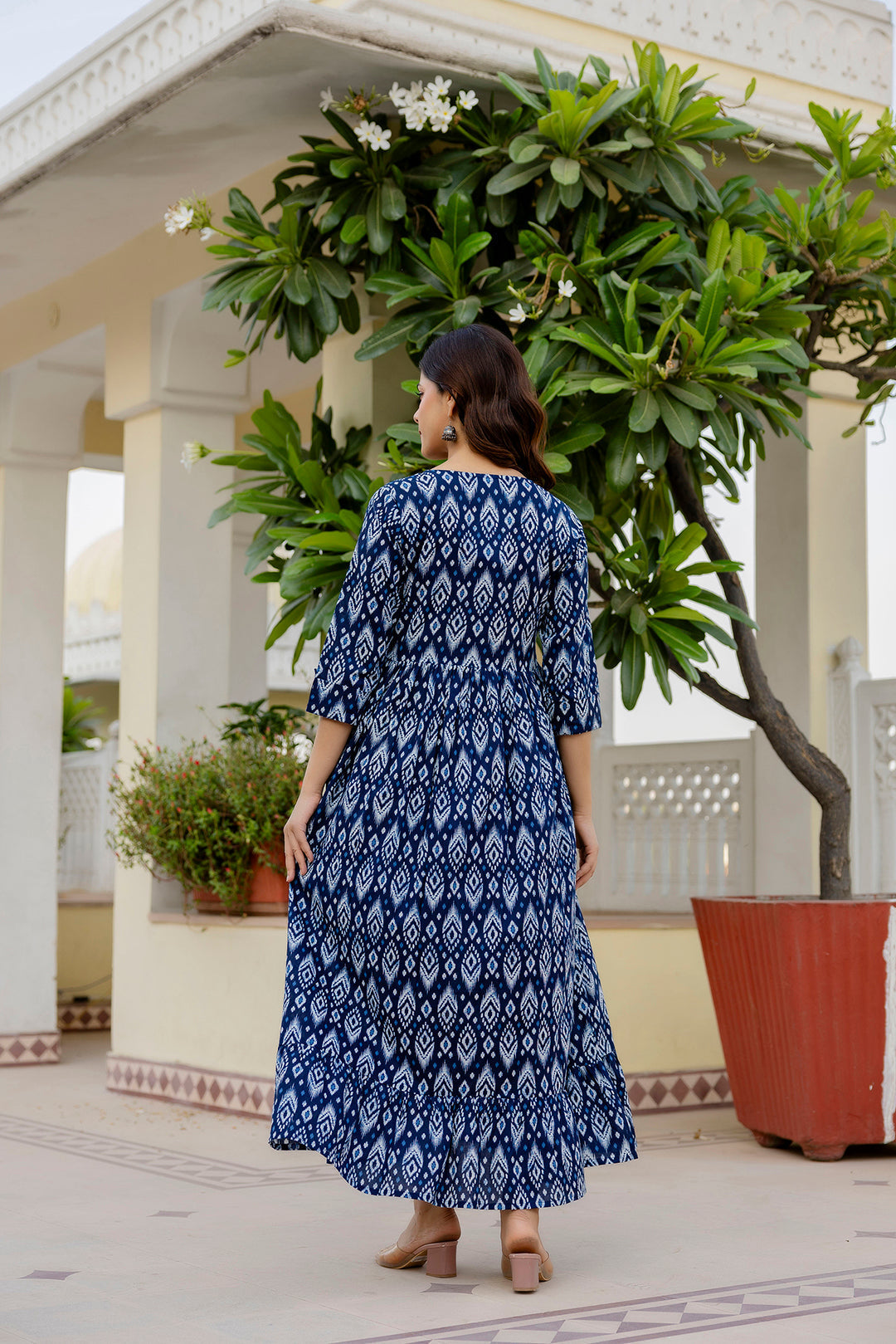 Women Navy Blue Printed Flared Dress | LASVINI - Redefining Indian Fashion with Elegance