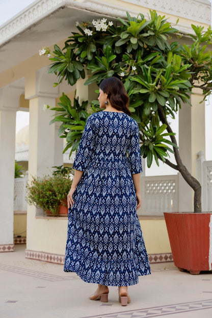 Women Navy Blue Printed Flared Dress | LASVINI - Redefining Indian Fashion with Elegance