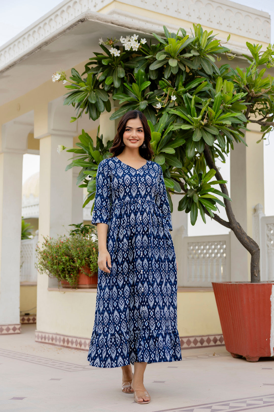 Women Navy Blue Printed Flared Dress | LASVINI - Redefining Indian Fashion with Elegance