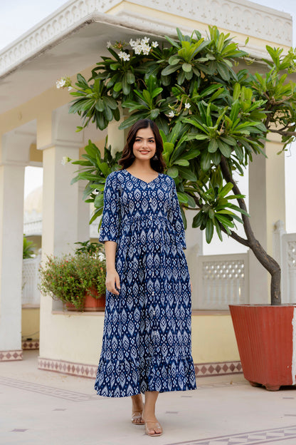 Women Navy Blue Printed Flared Dress | LASVINI - Redefining Indian Fashion with Elegance