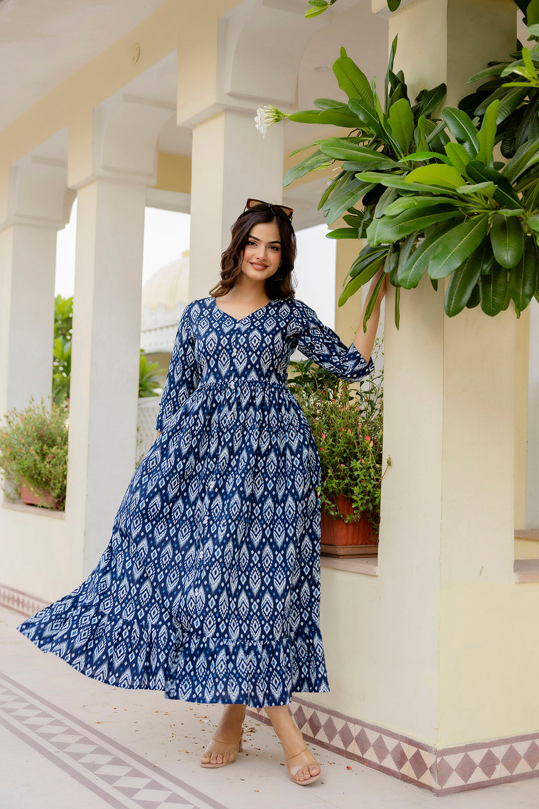 Women Navy Blue Printed Flared Dress | LASVINI - Redefining Indian Fashion with Elegance