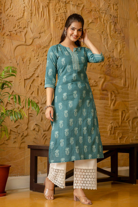 Women Turquoise Blue Printed Straight Kurta | LASVINI - Redefining Indian Fashion with Elegance