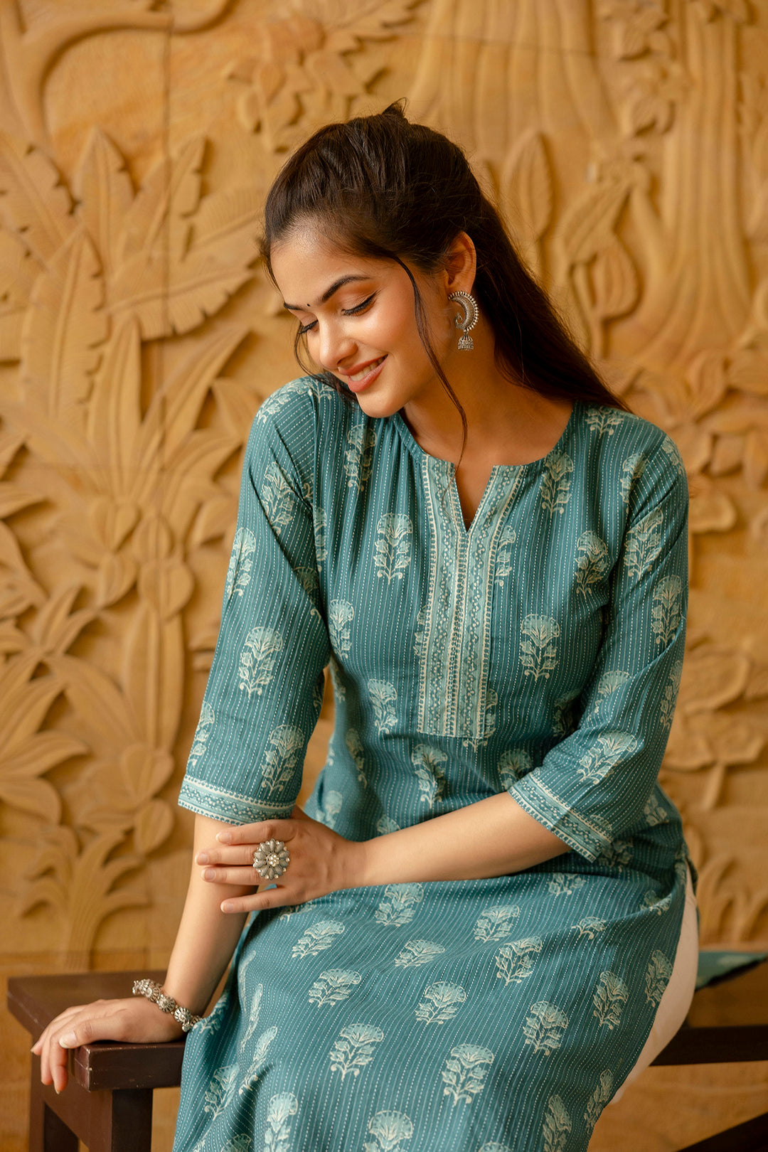 Women Turquoise Blue Printed Straight Kurta | LASVINI - Redefining Indian Fashion with Elegance