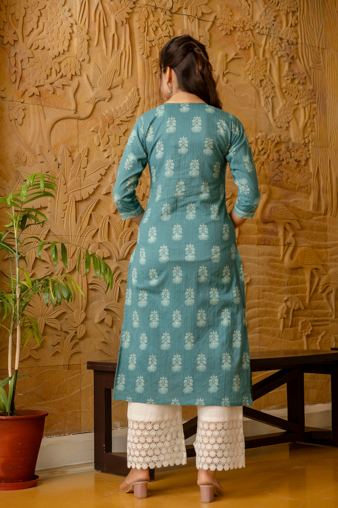Women Turquoise Blue Printed Straight Kurta | LASVINI - Redefining Indian Fashion with Elegance