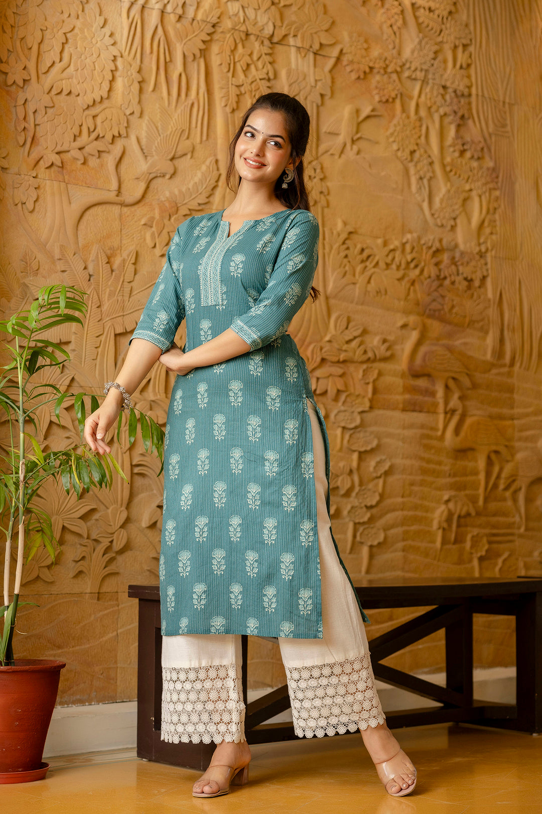 Women Turquoise Blue Printed Straight Kurta | LASVINI - Redefining Indian Fashion with Elegance