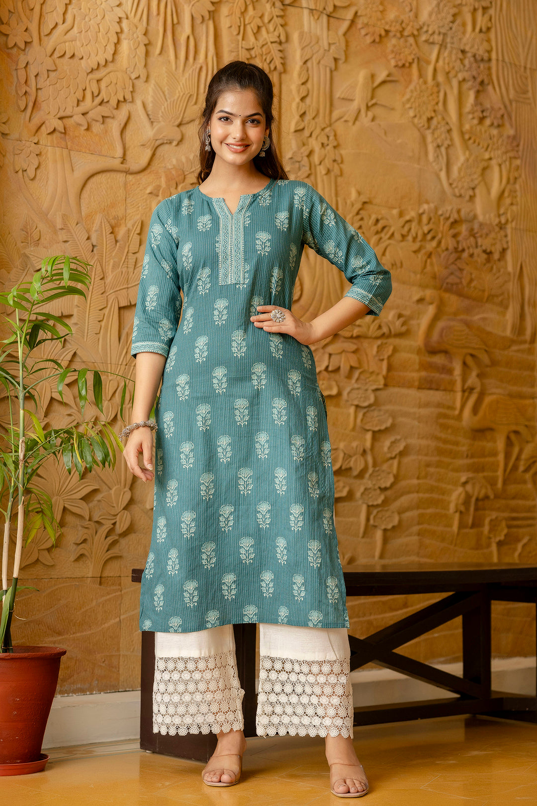 Women Turquoise Blue Printed Straight Kurta | LASVINI - Redefining Indian Fashion with Elegance