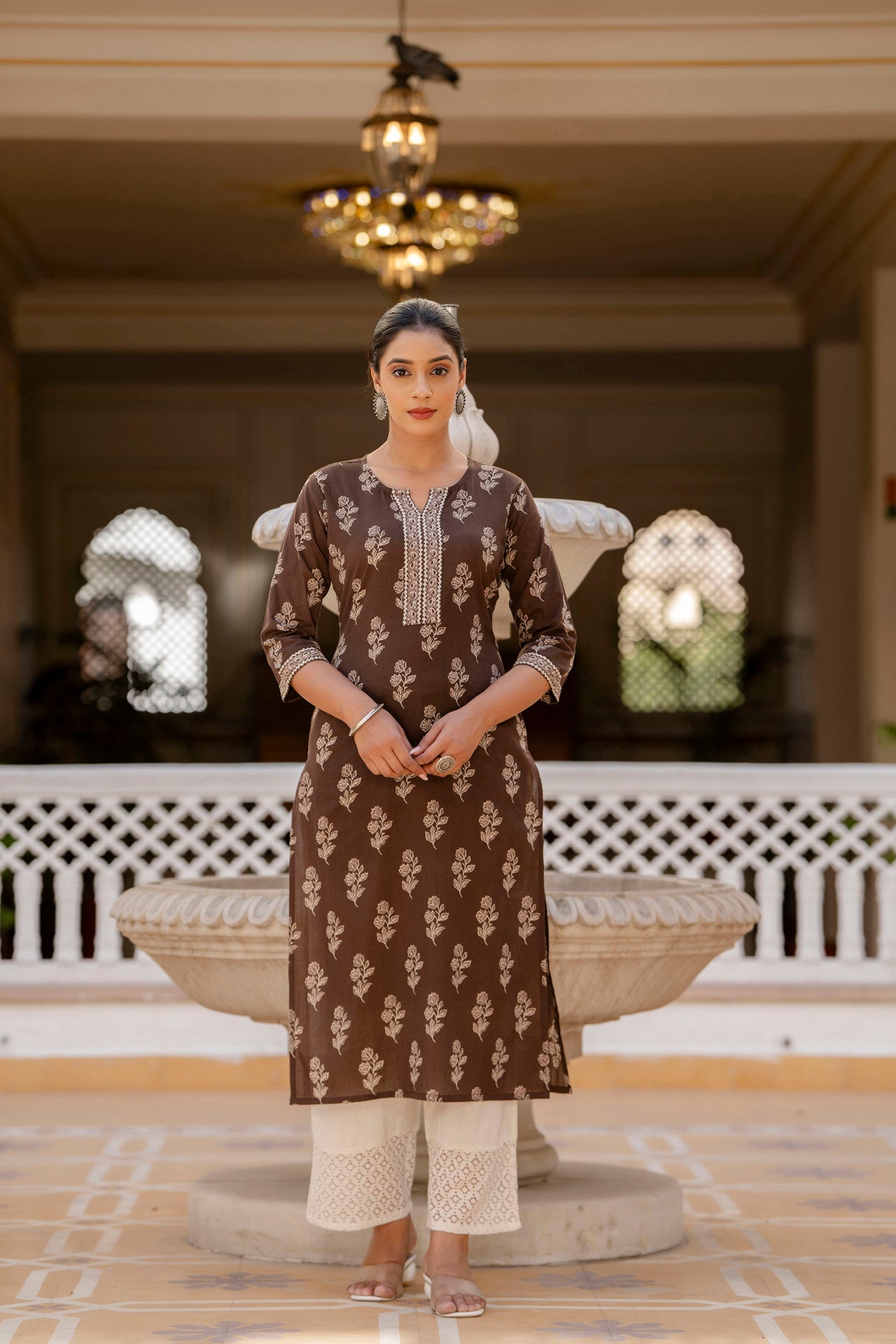 Women Brown Ethnic Printed Straight Kurta With Three Quarter Sleeves | LASVINI - Redefining Indian Fashion with Elegance