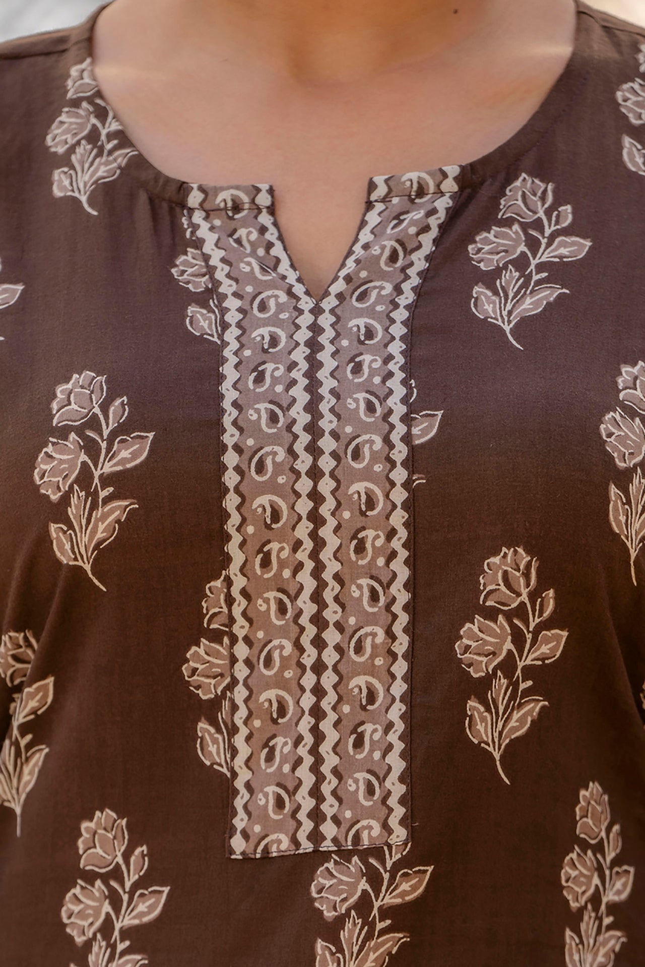 Women Brown Ethnic Printed Straight Kurta With Three Quarter Sleeves | LASVINI - Redefining Indian Fashion with Elegance