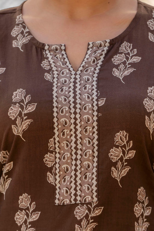 Women Brown Ethnic Printed Straight Kurta With Three Quarter Sleeves | LASVINI - Redefining Indian Fashion with Elegance