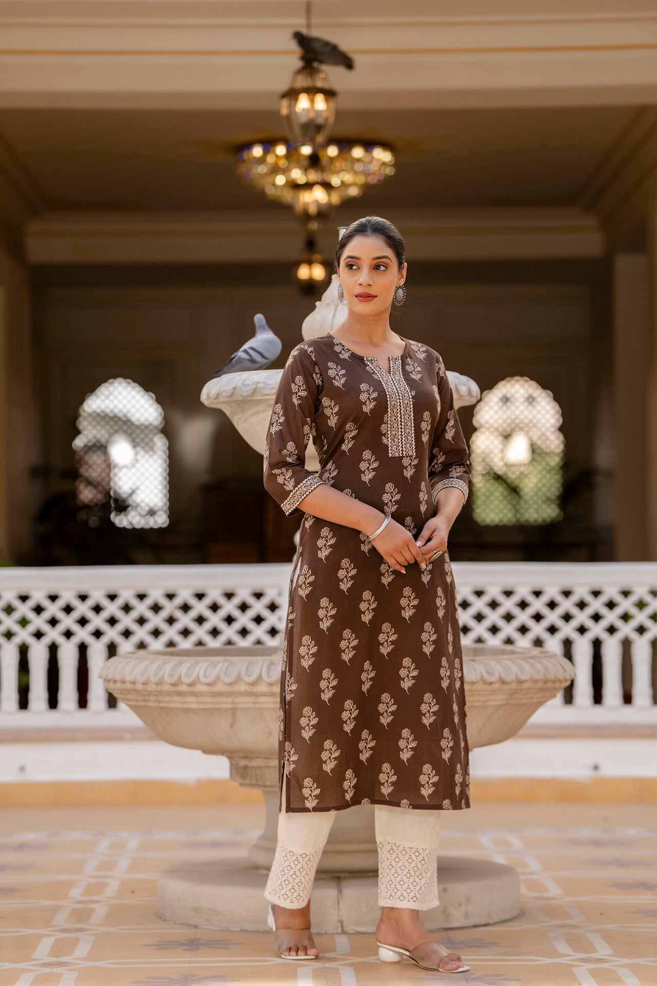 Women Brown Ethnic Printed Straight Kurta With Three Quarter Sleeves | LASVINI - Redefining Indian Fashion with Elegance