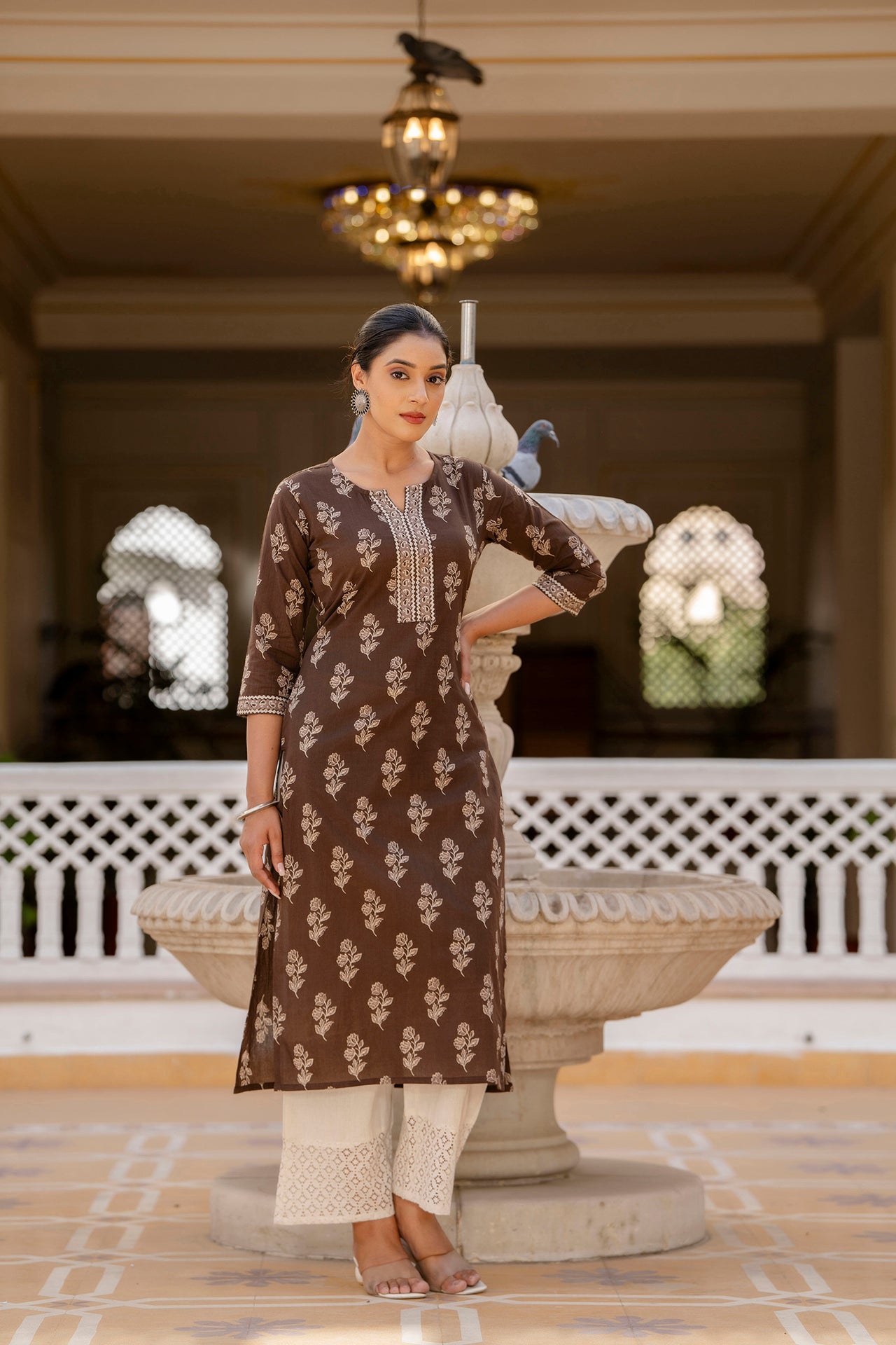 Women Brown Ethnic Printed Straight Kurta With Three Quarter Sleeves | LASVINI - Redefining Indian Fashion with Elegance