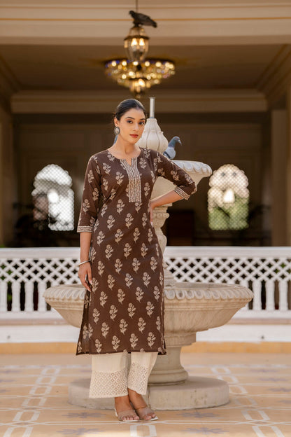 Women Brown Ethnic Printed Straight Kurta With Three Quarter Sleeves | LASVINI - Redefining Indian Fashion with Elegance