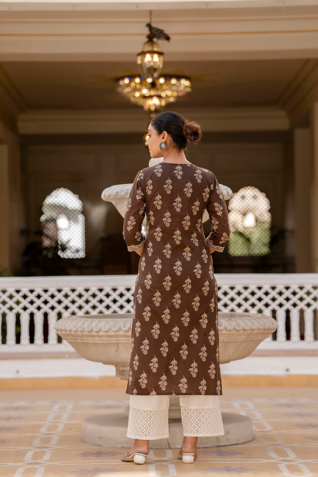 Women Brown Ethnic Printed Straight Kurta With Three Quarter Sleeves | LASVINI - Redefining Indian Fashion with Elegance