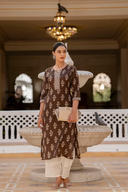 Women Brown Ethnic Printed Straight Kurta With Three Quarter Sleeves | LASVINI - Redefining Indian Fashion with Elegance