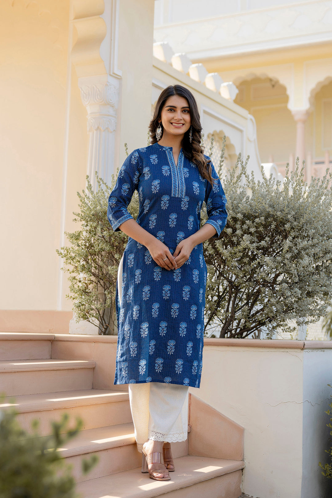 Women Navy Blue Printed Straight Kurta With Three Quarter Sleeves | LASVINI - Redefining Indian Fashion with Elegance