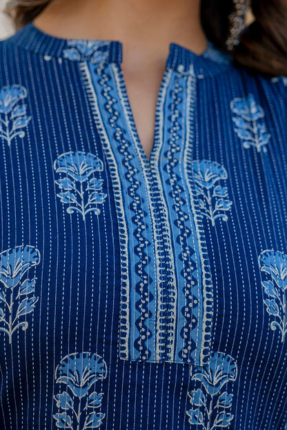 Women Navy Blue Printed Straight Kurta With Three Quarter Sleeves | LASVINI - Redefining Indian Fashion with Elegance