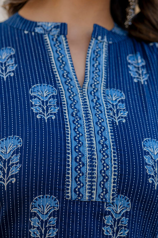 Women Navy Blue Printed Straight Kurta With Three Quarter Sleeves | LASVINI - Redefining Indian Fashion with Elegance