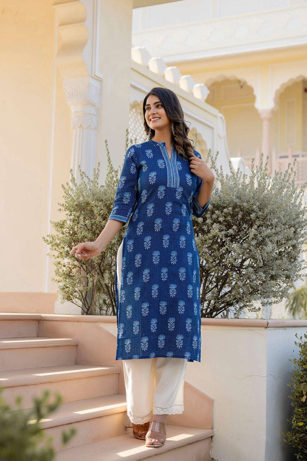 Women Navy Blue Printed Straight Kurta With Three Quarter Sleeves | LASVINI - Redefining Indian Fashion with Elegance