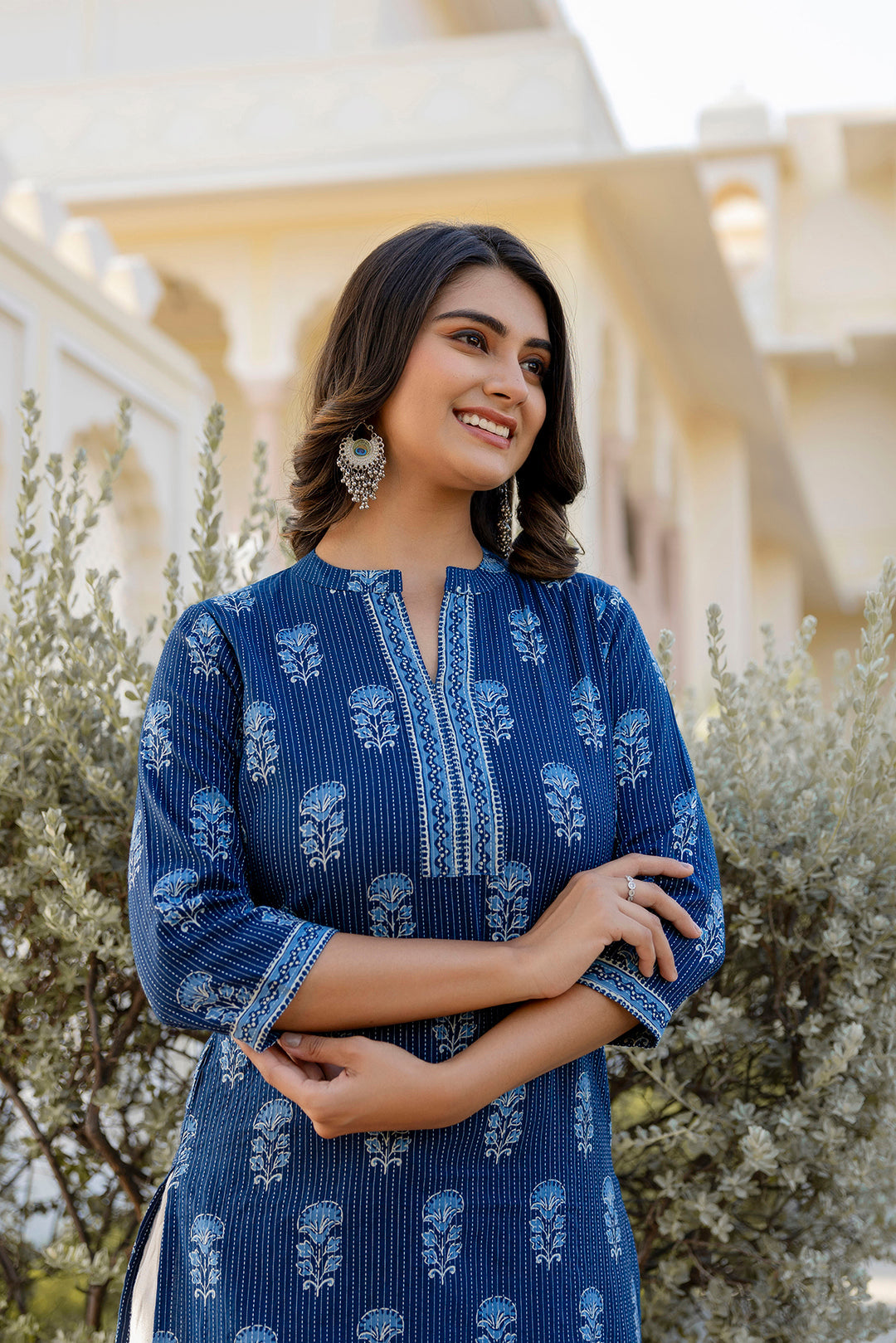 Women Navy Blue Printed Straight Kurta With Three Quarter Sleeves | LASVINI - Redefining Indian Fashion with Elegance