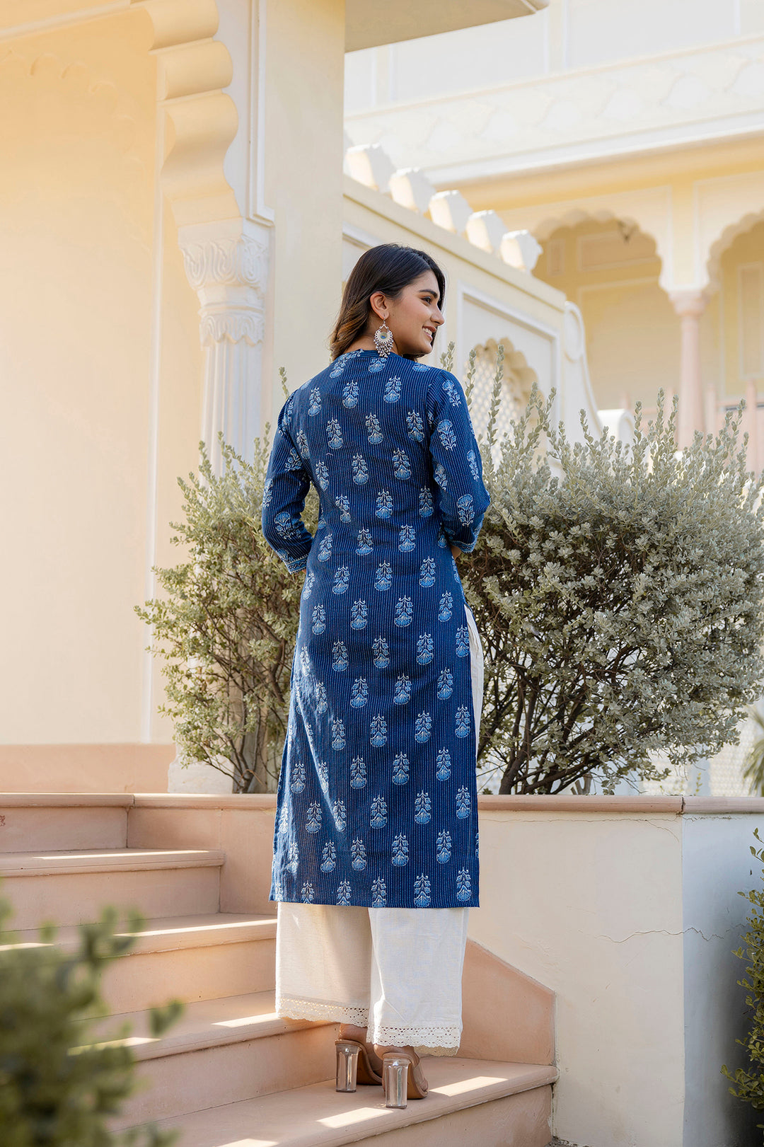 Women Navy Blue Printed Straight Kurta With Three Quarter Sleeves | LASVINI - Redefining Indian Fashion with Elegance