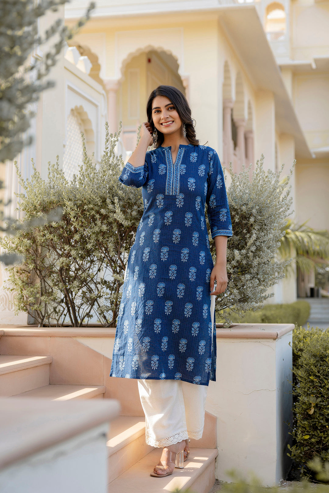 Women Navy Blue Printed Straight Kurta With Three Quarter Sleeves | LASVINI - Redefining Indian Fashion with Elegance