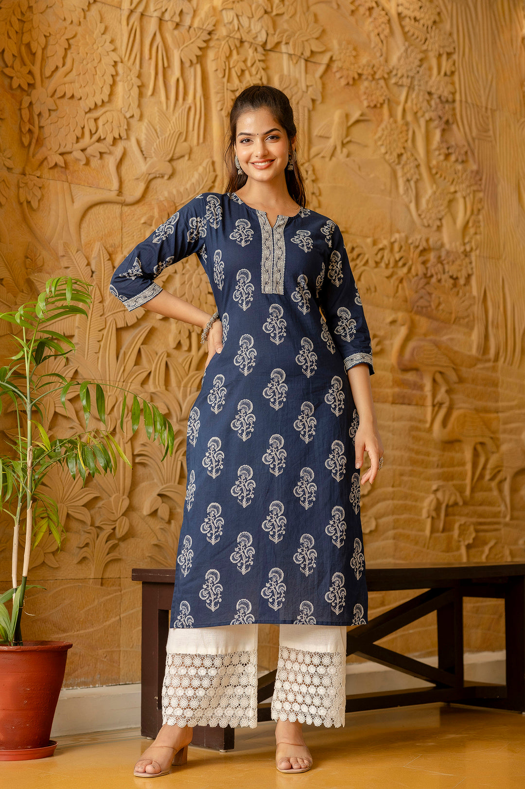 Women Blue Ethnic Printed Straight Kurta With Three Quarter Sleeves | LASVINI - Redefining Indian Fashion with Elegance