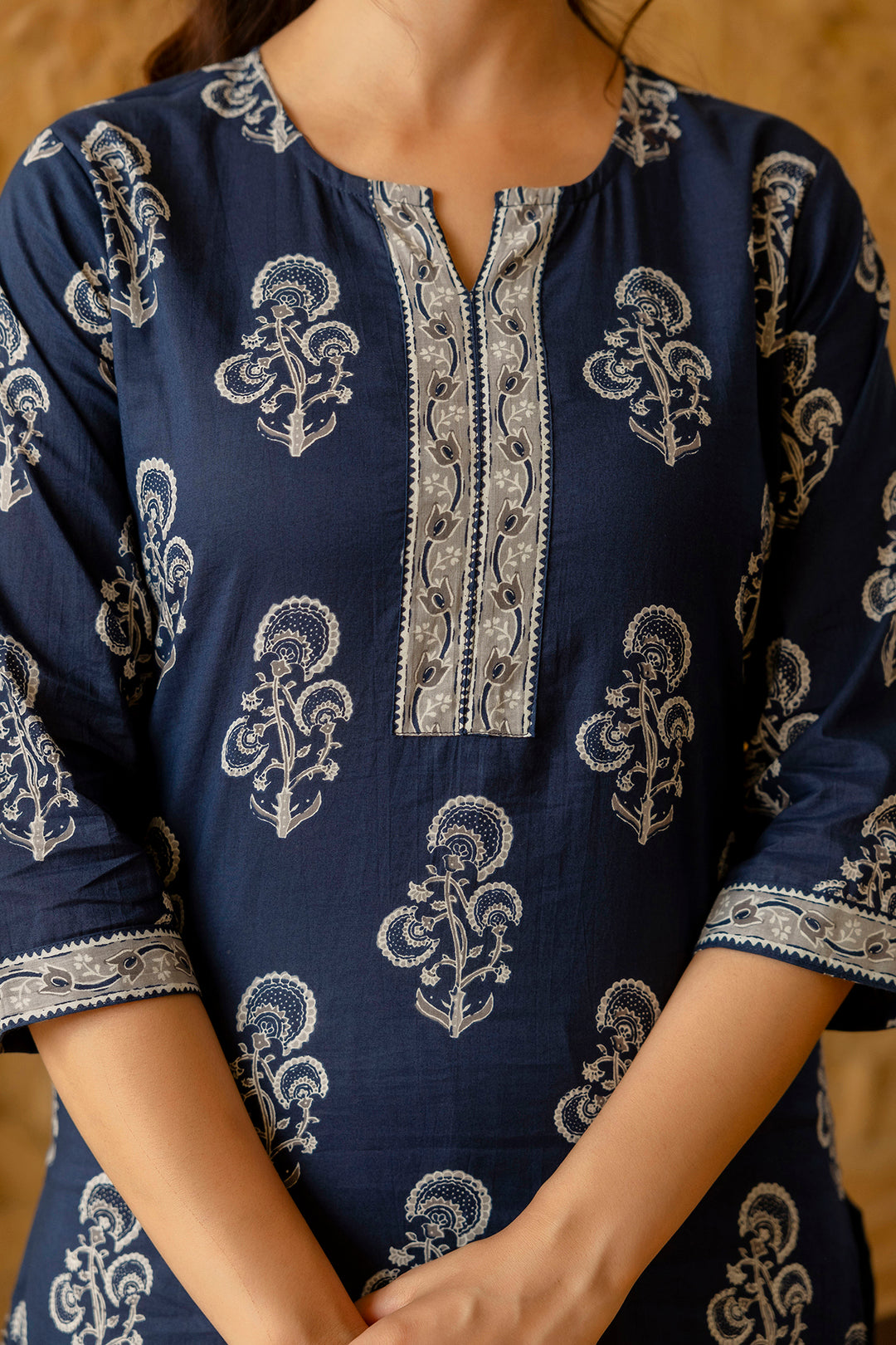 Women Blue Ethnic Printed Straight Kurta With Three Quarter Sleeves | LASVINI - Redefining Indian Fashion with Elegance