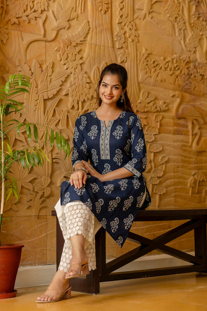 Women Blue Ethnic Printed Straight Kurta With Three Quarter Sleeves | LASVINI - Redefining Indian Fashion with Elegance