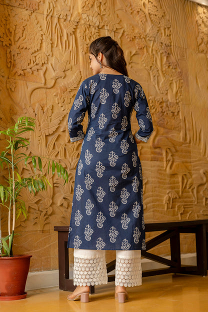 Women Blue Ethnic Printed Straight Kurta With Three Quarter Sleeves | LASVINI - Redefining Indian Fashion with Elegance