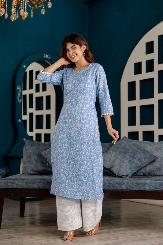 Women Blue Printed Straight Kurta With Three Quarter Sleeves | LASVINI - Redefining Indian Fashion with Elegance