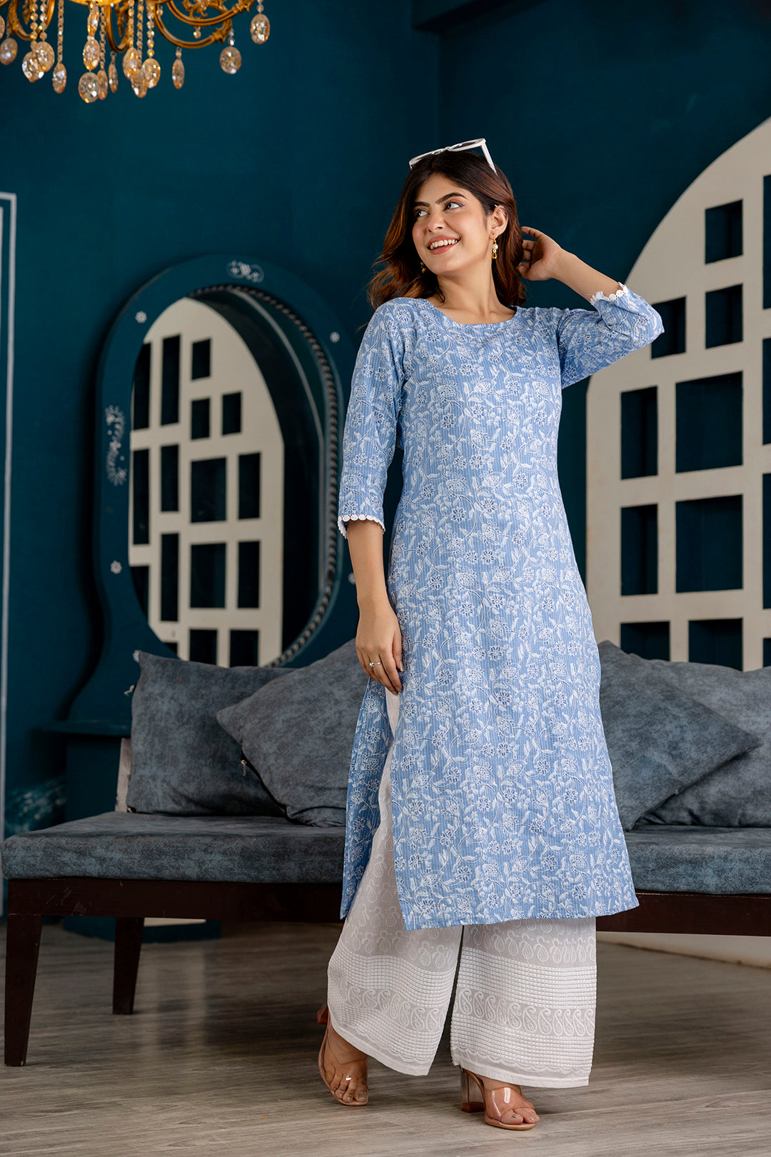 Women Blue Printed Straight Kurta With Three Quarter Sleeves | LASVINI - Redefining Indian Fashion with Elegance