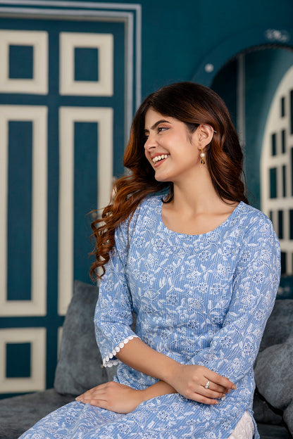 Women Blue Printed Straight Kurta With Three Quarter Sleeves | LASVINI - Redefining Indian Fashion with Elegance