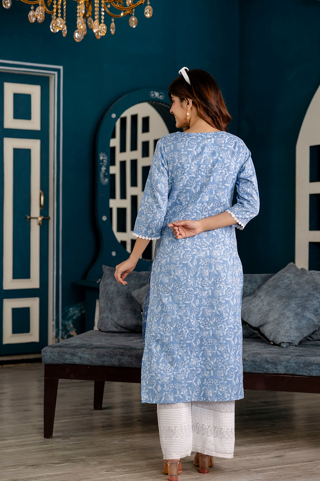 Women Blue Printed Straight Kurta With Three Quarter Sleeves | LASVINI - Redefining Indian Fashion with Elegance