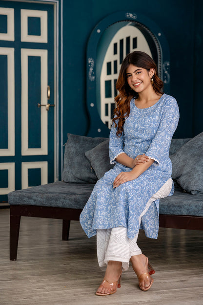 Women Blue Printed Straight Kurta With Three Quarter Sleeves | LASVINI - Redefining Indian Fashion with Elegance