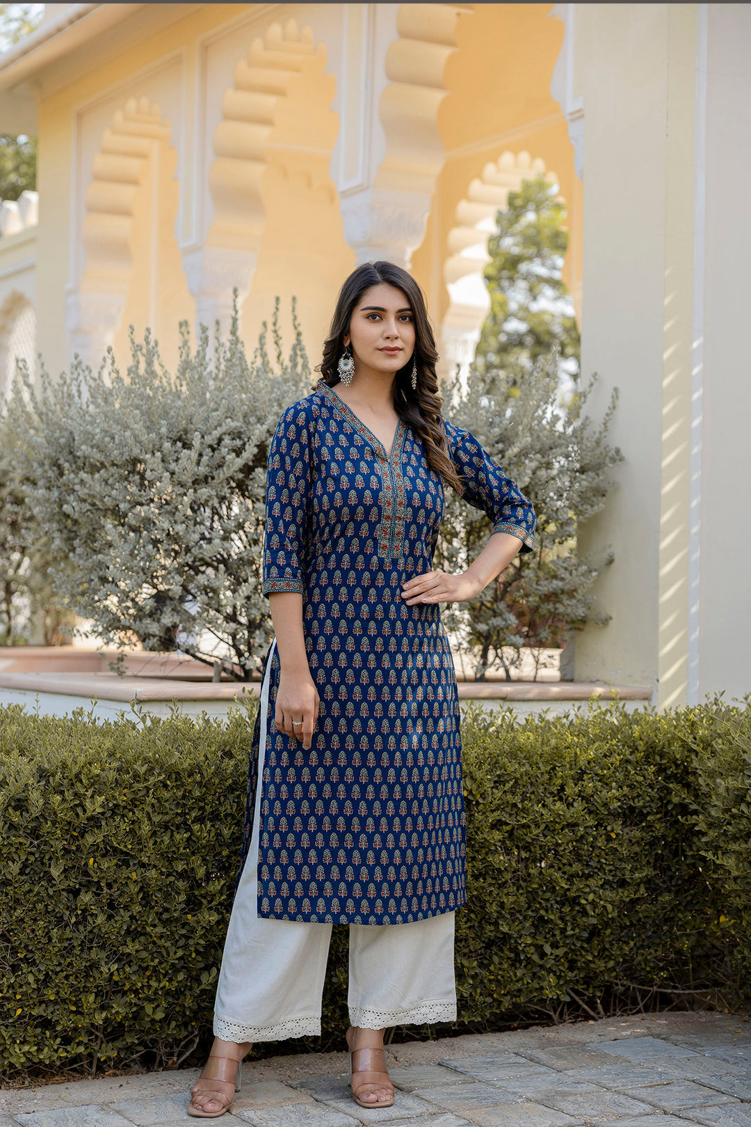 Women Blue Printed Straight Kurta With Three Quarter Sleeves | LASVINI - Redefining Indian Fashion with Elegance