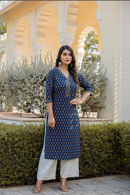Women Blue Printed Straight Kurta With Three Quarter Sleeves | LASVINI - Redefining Indian Fashion with Elegance