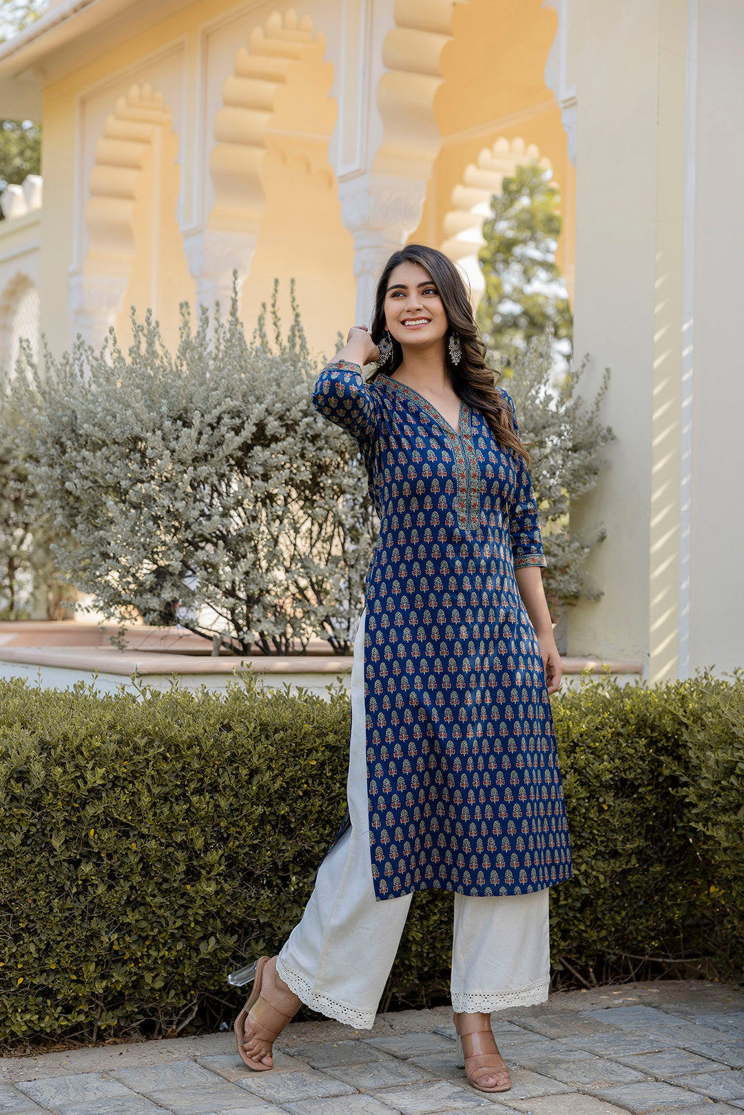 Women Blue Printed Straight Kurta With Three Quarter Sleeves | LASVINI - Redefining Indian Fashion with Elegance
