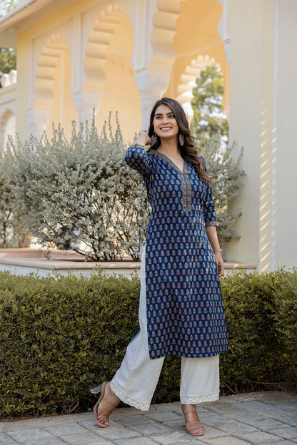 Women Blue Printed Straight Kurta With Three Quarter Sleeves | LASVINI - Redefining Indian Fashion with Elegance