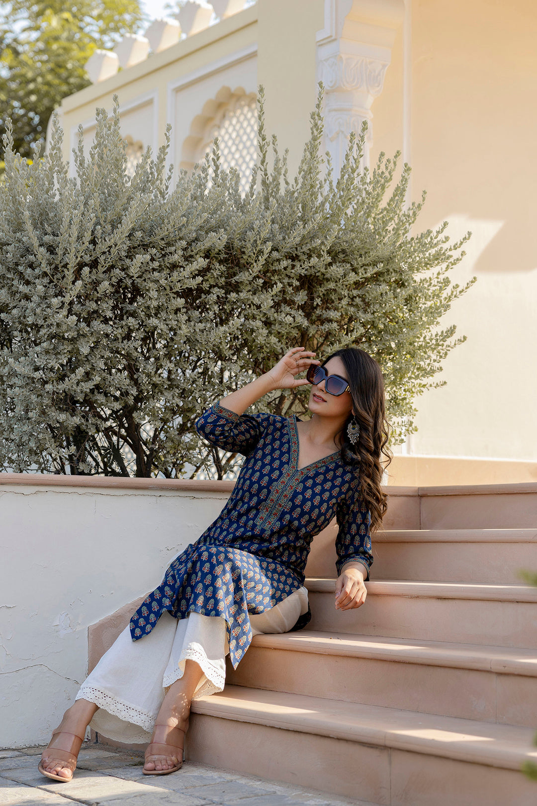 Women Blue Printed Straight Kurta With Three Quarter Sleeves | LASVINI - Redefining Indian Fashion with Elegance